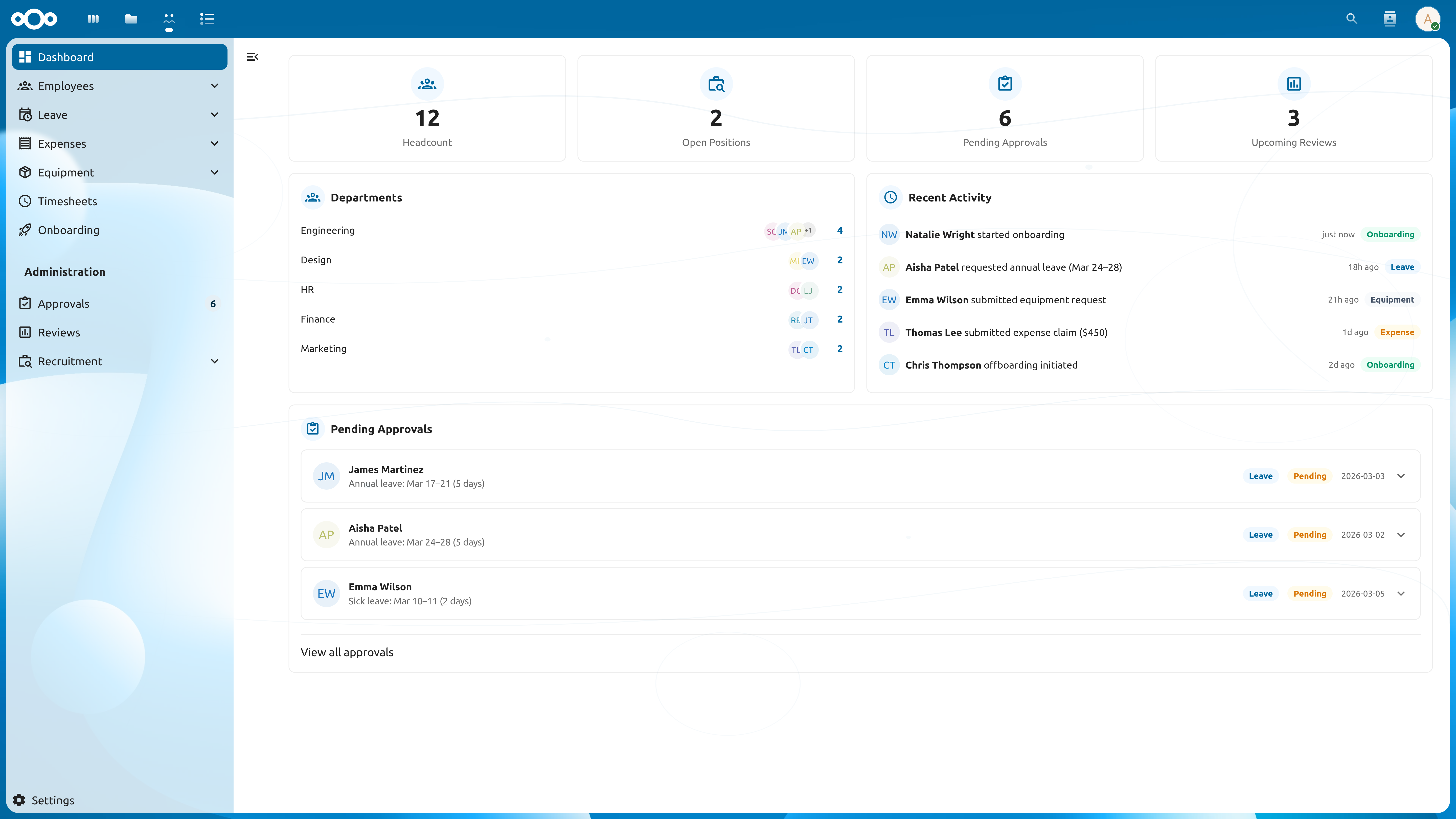 Krip HR dashboard inside Nextcloud showing employee directory, departments, pending approvals, and recent activity